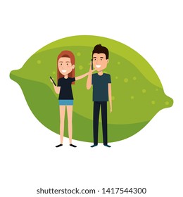 young couple with lemon fruit