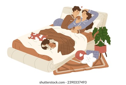 A young couple lies on the bed watching social media. Bedroom interior with plants. Gadget addiction. Relaxation while watching TV series. Dog sleeps. Vector illustration. 