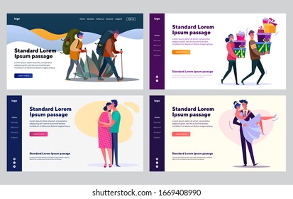 Young Couple Life Set. Man And Woman Hiking, Getting Married, Pregnant, Celebrating Events. Flat Vector Illustrations. Love, Relationship, Family Concept For Banner, Website Design Or Landing Web Page