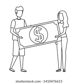 young couple lifting bill money dollar characters