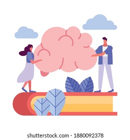 young couple lifting brain in book creative people characters vector illustration design