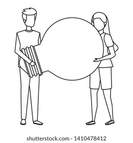 young couple lifting bulb light characters