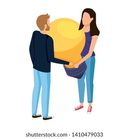 young couple lifting bulb light