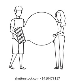young couple lifting bulb light characters