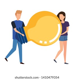 young couple lifting bulb light characters