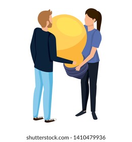 young couple lifting bulb light