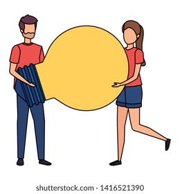 young couple lifting bulb light characters