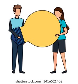 young couple lifting bulb light characters