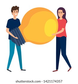 young couple lifting bulb light