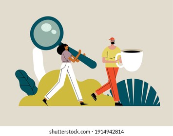 young couple lifting coffee cup and magnifying glass characters vector illustration design