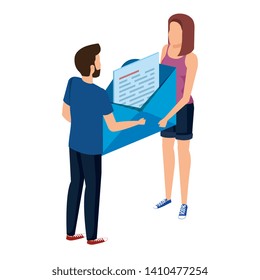 young couple lifting envelope mail send