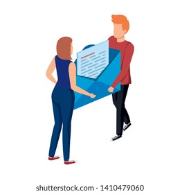 young couple lifting envelope mail send