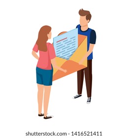 young couple lifting envelope mail send