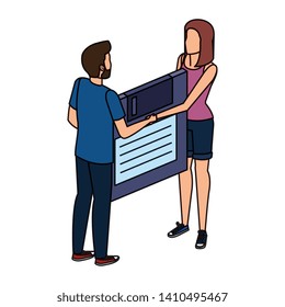 young couple lifting floppy disk data storage
