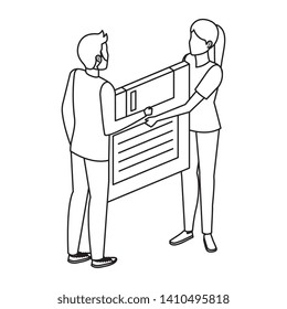 young couple lifting floppy disk data storage