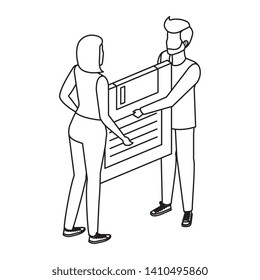 young couple lifting floppy disk data storage
