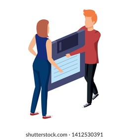 young couple lifting floppy disk data storage