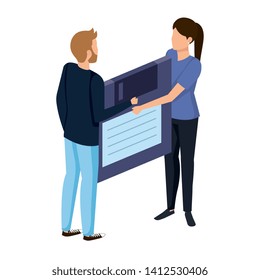 young couple lifting floppy disk data storage