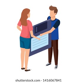 young couple lifting floppy disk data storage