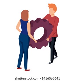 young couple lifting gear machine settings