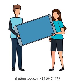young couple lifting smartphone device characters