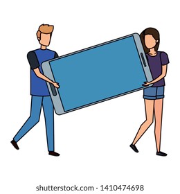 young couple lifting smartphone device characters
