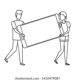 young couple lifting smartphone device characters