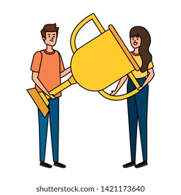 young couple lifting trophy cup award