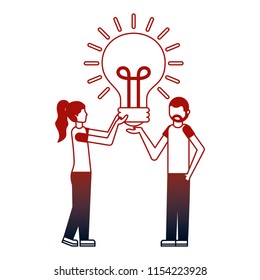 young couple with light bulb isolated icon