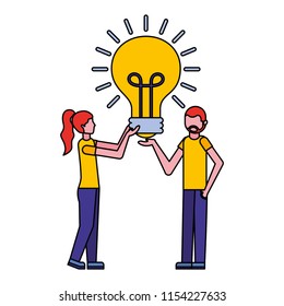 young couple with light bulb isolated icon