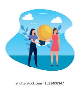 young couple with light bulb in landscape vector illustration design