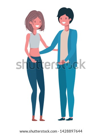 young couple with linked hands in white background