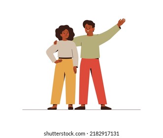 Young couple look at each other and are happy. Friends met and embrace. Man and woman stand together and talk. Vector illustration of Positive communication between people. 