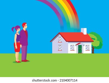 A young couple look on they see that the end of a rainbow leads to a small house