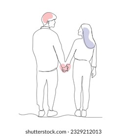 young couple looking at each other and holding hands continuous line drawing. Millennial couple expressing line art. Young couple single line vector.