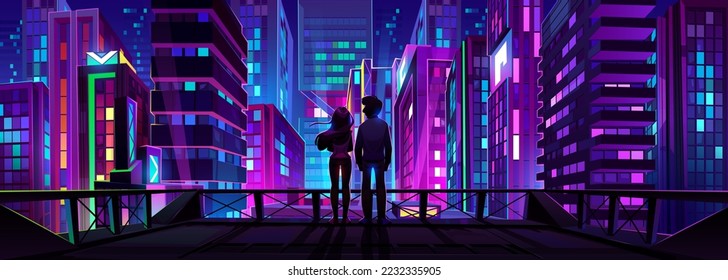 Joven pareja mirando la ciudad nocturna desde la azotea. Hombre y mujer parados en el techo de rascacielos disfrutando de citas románticas con neón futurista vista de paisajes urbanos, vector de caricatura Ilustración