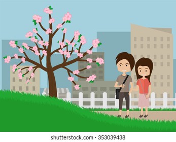 young couple looking at sakura cherry blossom in the park. vector