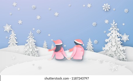 Young couple are looking at the snowfall in winter. Greeting card design for Winter. paper cut and craft style. vector, illustration.