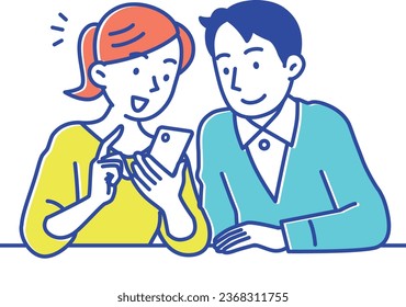 A young couple looking at their smartphones happily