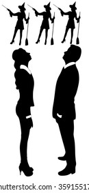 young couple looking up at the witch
