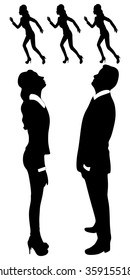 young couple looking up at the woman who try to escape