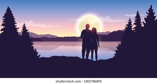 young couple looks to the full moon at beautiful lake vector illustration EPS10