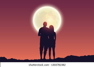 young couple looks to the full moon silhouette vector illustration EPS10