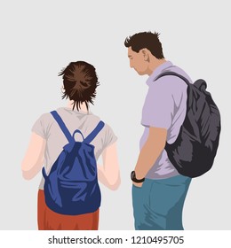 a young couple looks at an object or communicates. man and woman rear view.