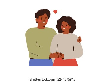 Young couple in love. African american man and woman hold hands and look at each other with care and affection. Happy family stand together. Valentine day vector illustration