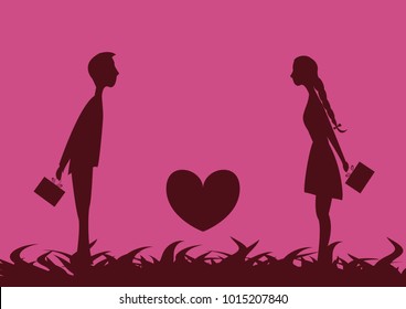 Young couple in love attracted to each other and hiding behind gift on Valentine's Day.Between the young people is the heart.
