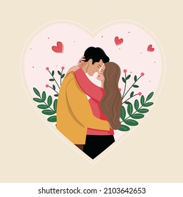 Young couple in love. The boy and the girl are hugging. Colorful vector illustration in flat style for valentine's day. Romantic date. Illustration concept.