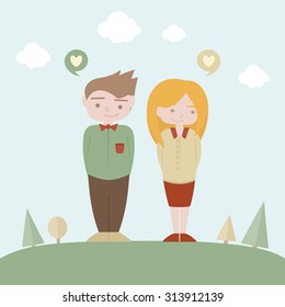 Young couple in love. Boy and girl outdoors. Romantic card