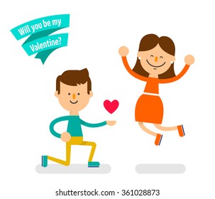 Young couple in love. Boy got down on one knee and girl jumping for joy. Happy Valentine's day greeting card, poster or banner. Flat illustration. Vector stock.