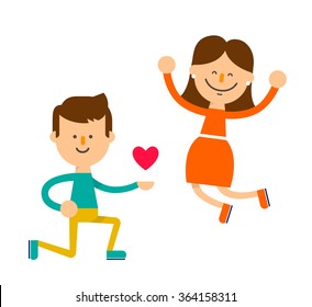 Young couple in love. Boy got down on one knee and girl jumping for joy. Happy Valentine's day greeting card, poster or banner. Flat illustration. Vector stock.